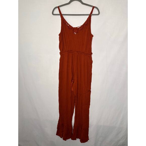 Patrons of Peace Jumpsuit Rust Brown Boho Flare Leg Cutout Hippie Granola Girl M - Picture 2 of 7